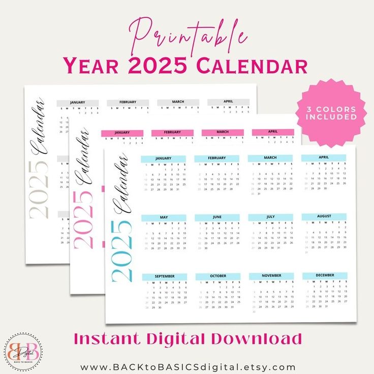 the printable year calendar is shown in three different colors and font, along with a pink