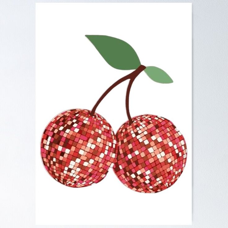 two red cherries with green leaves on white background poster