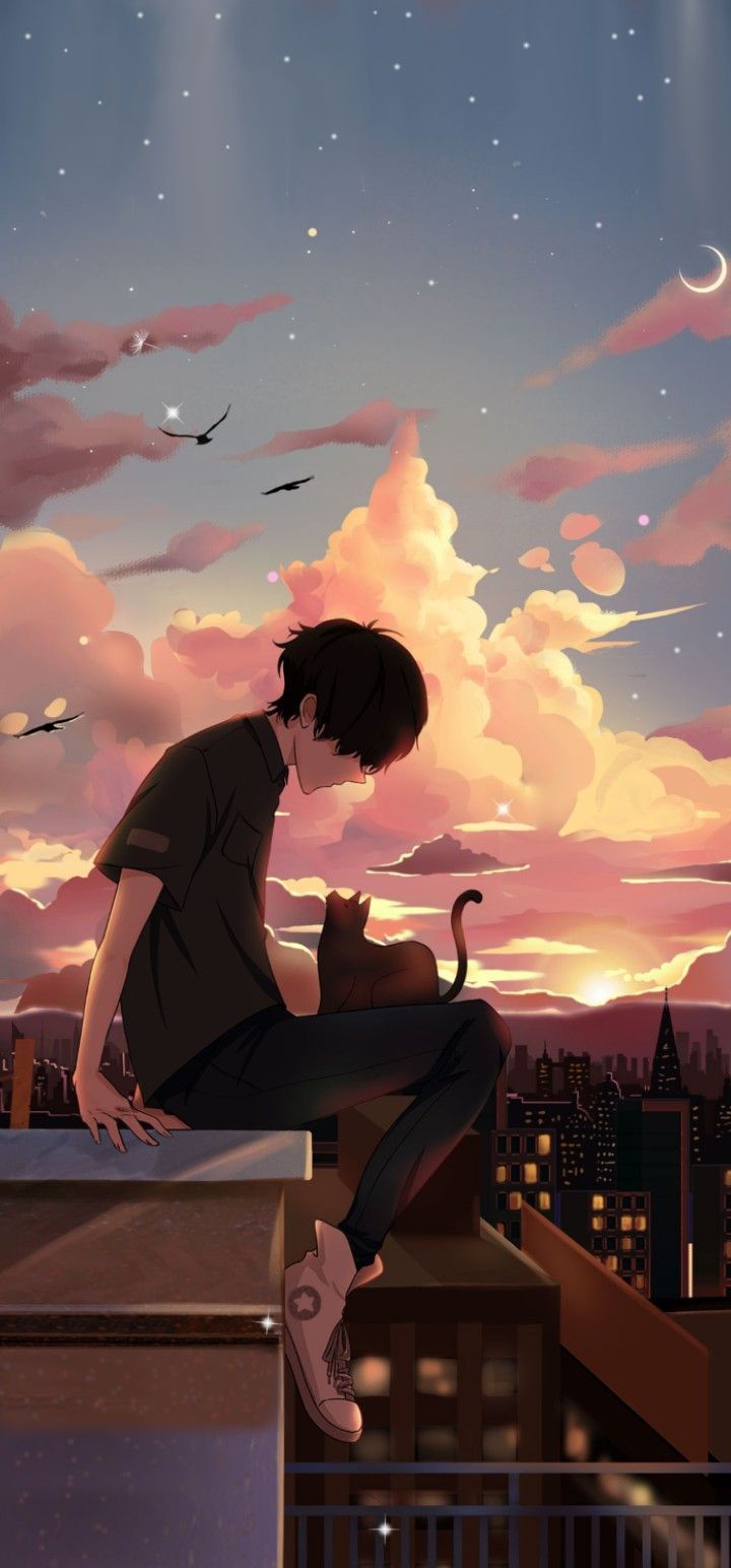 a man sitting on top of a roof with a cat in his lap looking at the sky