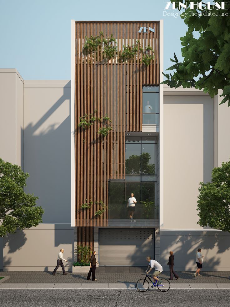 people are walking and riding bikes on the sidewalk in front of a building with vertical slats