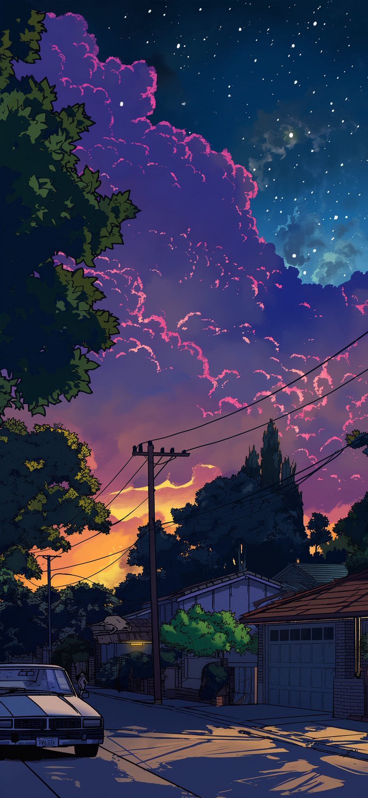 the sky is filled with clouds and stars as the sun sets in the distance behind some houses