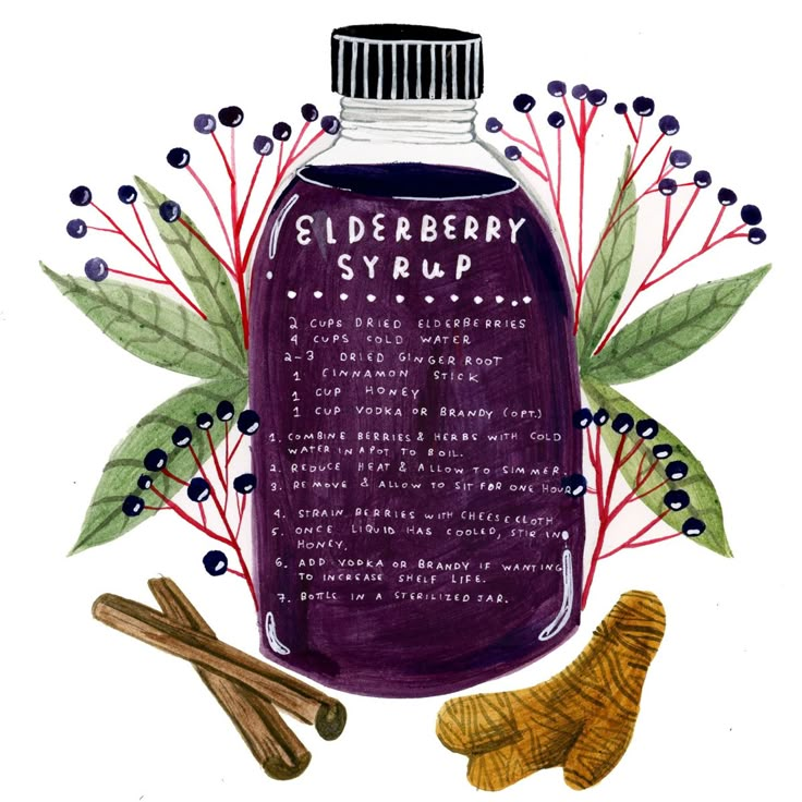 a bottle of elderberry syrup next to cinnamon sticks and leaves