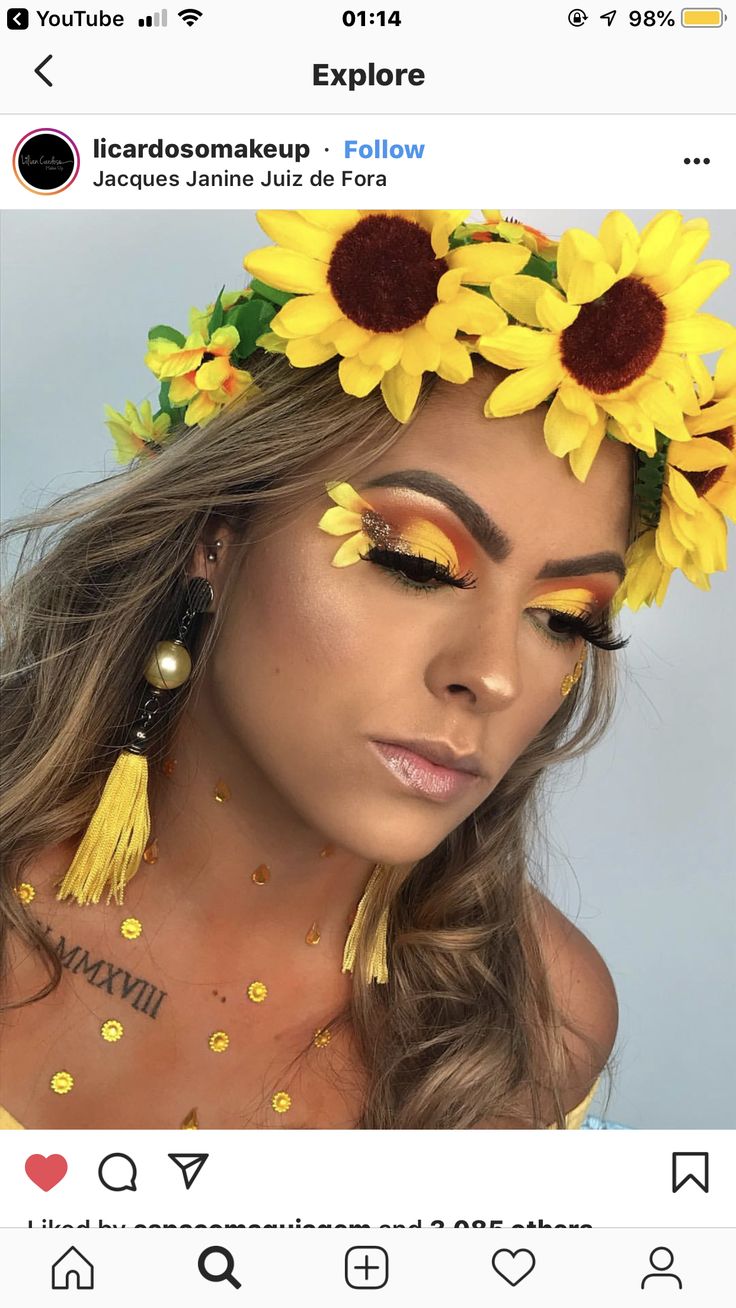 Sunflower Costume Diy Women, Sunflower Inspired Makeup, Flower Halloween Makeup, Sunflower Costume For Women, Sunflower Eye Makeup, Sunshine Halloween Costume, Sunflower Fairy Costume, Sunflower Makeup Looks, Sunflower Costume Diy