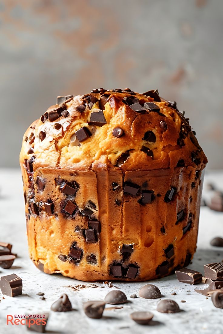 a chocolate chip muffin sitting on top of a table