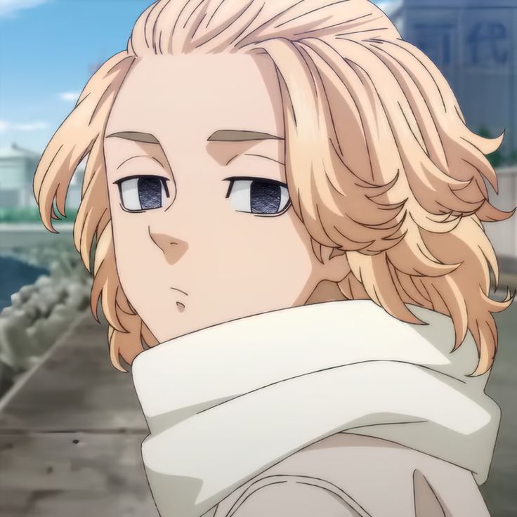 an anime character with blonde hair and blue eyes looking off into the distance while standing in front of a building