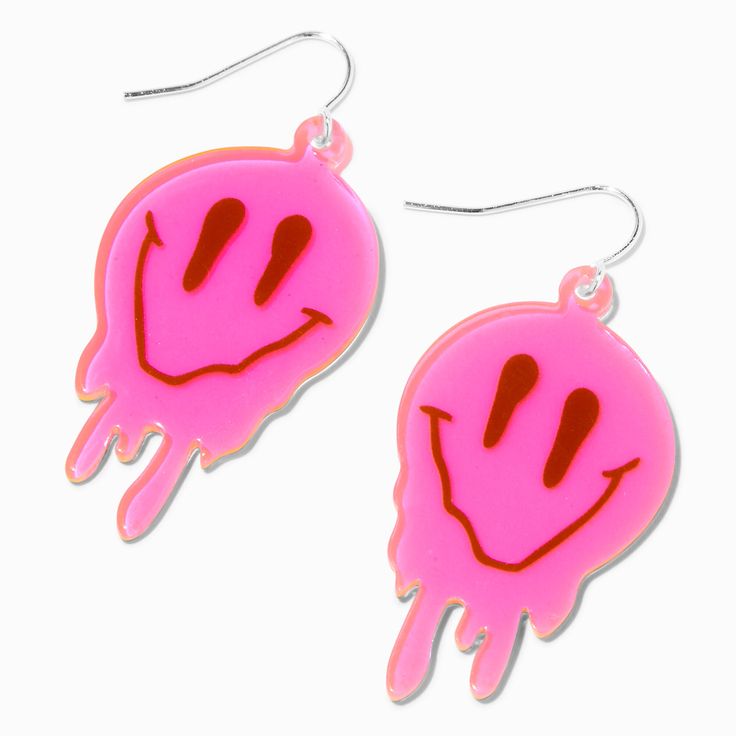 Claire's Melting Pink Happy Face 2" Drop Earrings Claires Earrings Claire's, Trendy Pink Hypoallergenic Earrings, Trendy Hypoallergenic Pink Earrings, Fun Pink Earrings For Pierced Ears, Playful Pink Earrings For Birthday, Playful Pink Birthday Earrings, Novelty Pink Hypoallergenic Earrings, Pink Plastic Drop Earrings, Trendy Pink Smiley Face Jewelry