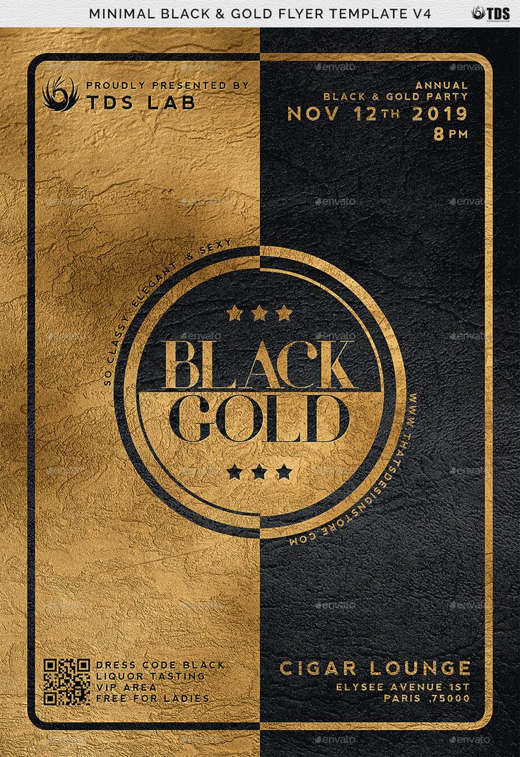 a black and gold flyer with the words, black gold written in gold on it