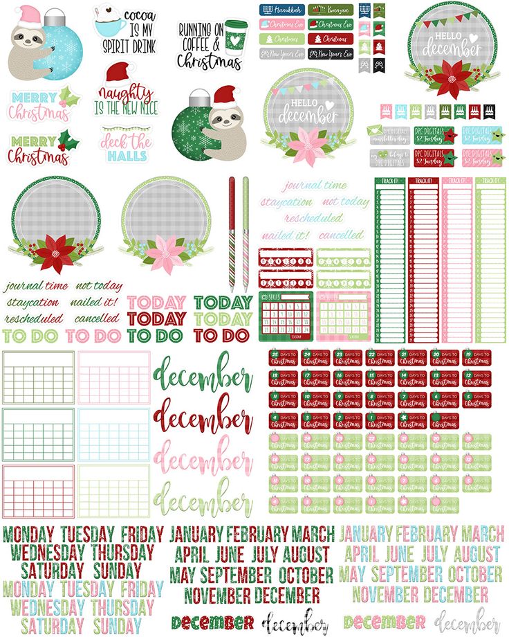 christmas planner stickers with the words, days and holidays written on each one side