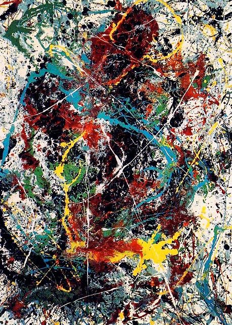 an abstract painting with lots of colors and black, white, red, yellow and blue