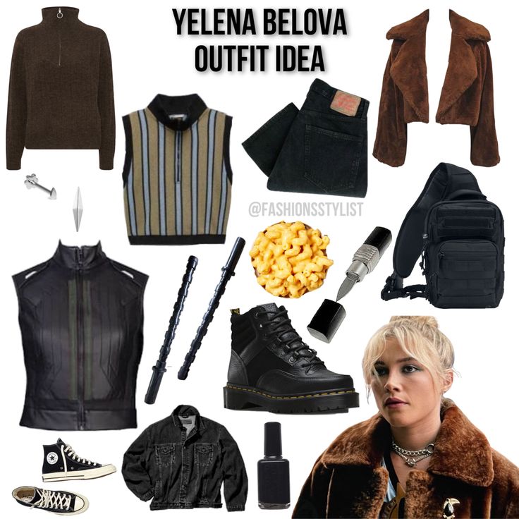 a collage of clothes and accessories including boots, sweaters, jacket, backpack