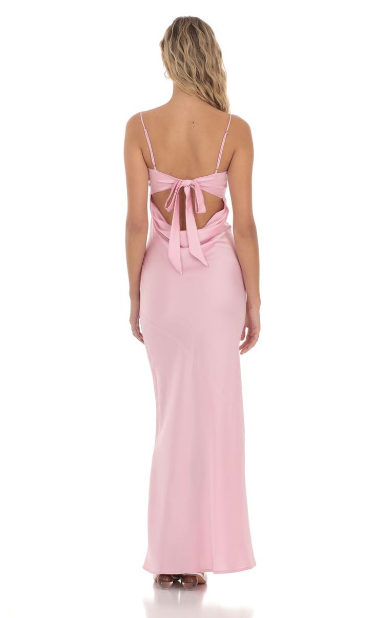 Satin Open Back Maxi Dress in Pink | LUCY IN THE SKY Pink Satin Bridesmaid Dresses Long, Pale Prom Dress, Simple Prom Dress Aesthetic, Sorority Formal Dresses Long, Ankle Length Formal Dress, Long Pink Birthday Dress, Ball Dresses Pink, Prom Dress Light Pink, Summer Semi Formal Dresses