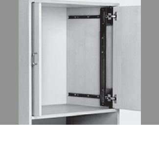 an open cabinet door is shown in black and white