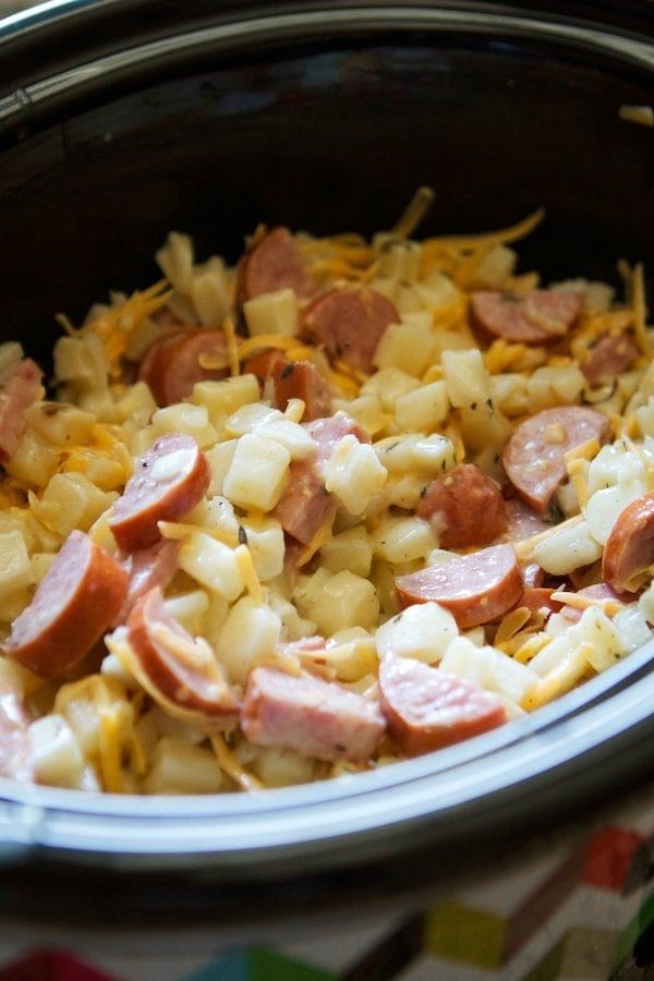 the food is cooked in the crock pot and ready to be put into the slow cooker