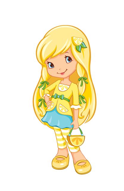 a cartoon girl with blonde hair holding a blue purse and lemons on her shoulder