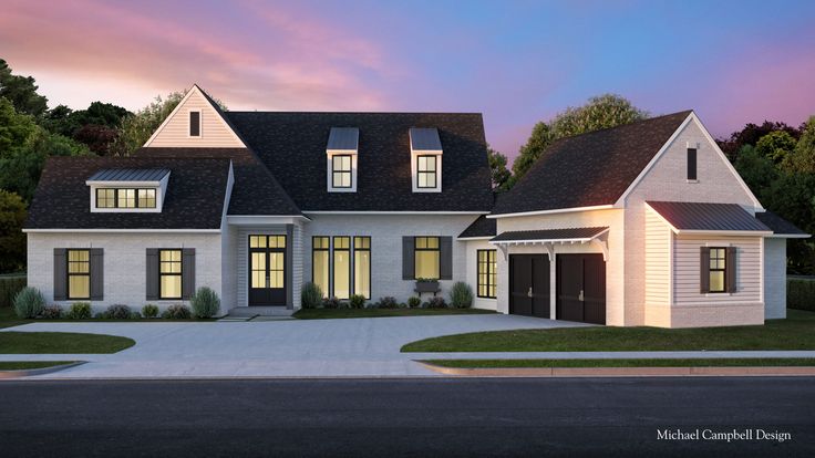 this is an artist's rendering of the front elevation of a modern farmhouse style home