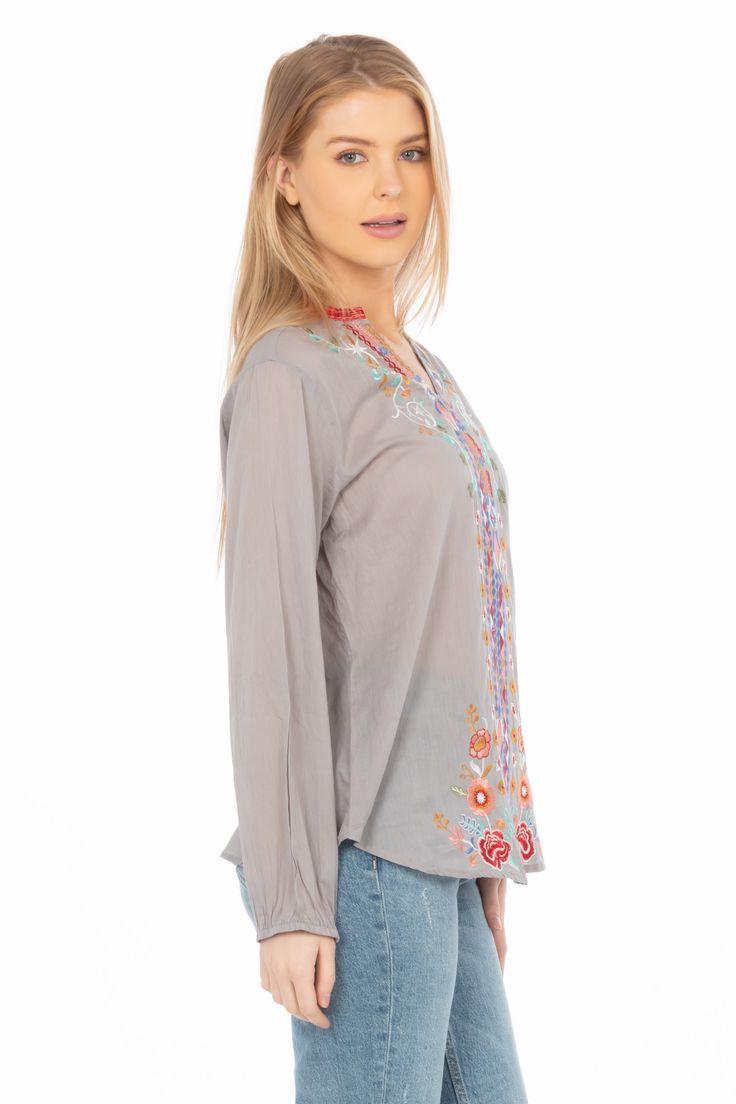 This gray /taupe boho blouse is made from 100% natural cotton voile fabric. It also features floral embroidery on the yoke, collar, and placket. Model is 5’8” - wearing size small. Model Bust: 34”Hand-wash cold, lay flat to dry.Made in India. Flowy Cotton Blouse With Floral Embroidery, Casual Embroidered Top With Boho Collar For Spring, Bohemian Embroidered Top With Boho Collar For Spring, Bohemian Peasant Top With Embroidered Neckline, Bohemian Flowy Embroidered Top With Floral Design, Flowy Bohemian Blouse With Floral Embroidery, Flowy Bohemian Top With Floral Embroidery, Spring Festival Blouse With Chikankari Embroidery, Spring Embroidered Gray Tops