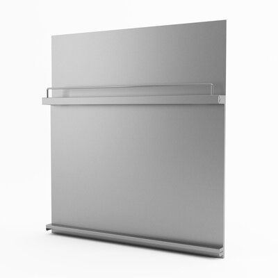 a silver refrigerator sitting on top of a white floor next to a wall mounted shelf