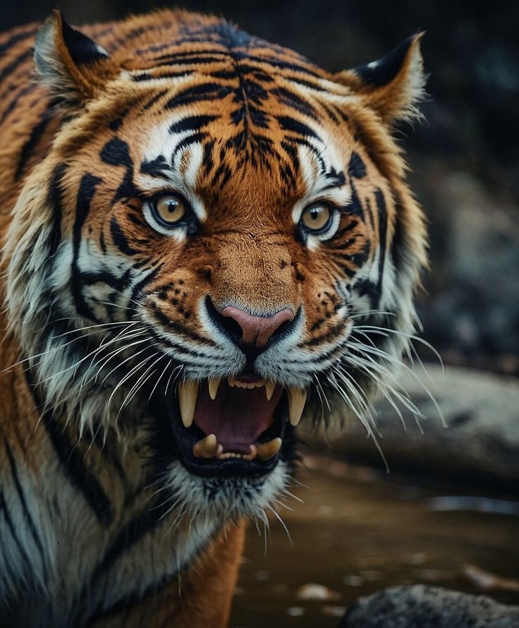 a close up of a tiger with it's mouth open