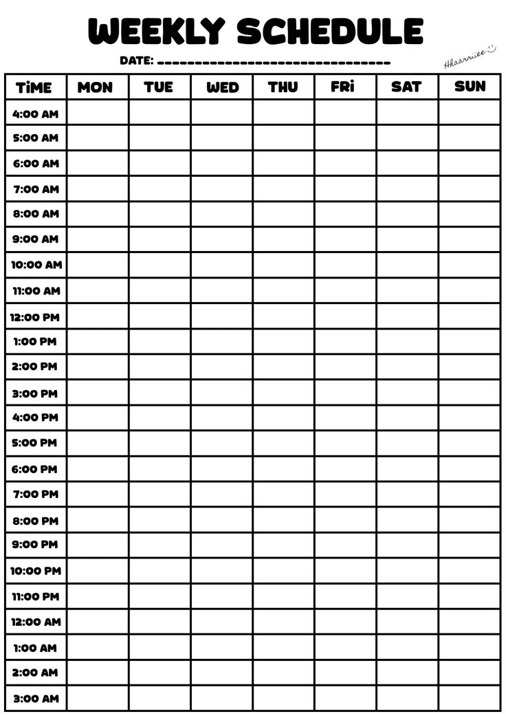 the printable weekly schedule is shown in black and white