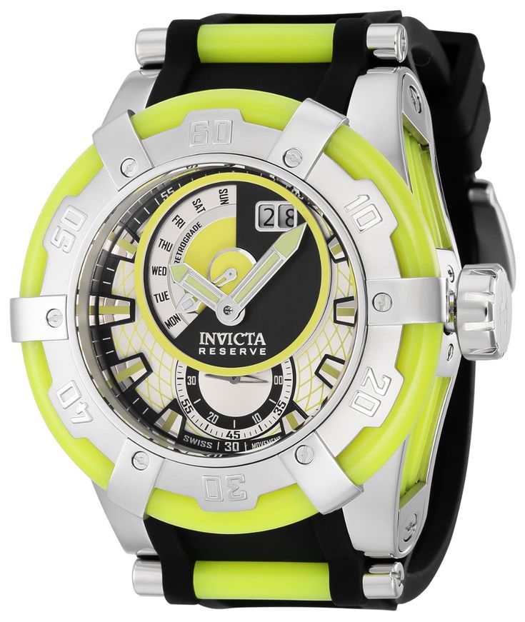 From the Bolt Collection by Invicta this Black, Yellow, Men's  Watch is powered by a high-quality 7004.P movement. This Invicta Watch has a 53 millimeter Steel, Yellow case, that is protected by Flame Fusion crystal. It is water-resistant up to 200 meters. Invicta Model 37199 comes with a three-year warranty from InvictaStores.com. Yellow Chronograph Watch For Formal Occasions, Formal Yellow Chronograph Watch, Formal Yellow Automatic Watch, Modern Yellow Chronograph Watch With Subdials, Yellow Chronograph Watch With Analog Display, Yellow Watch With Subdials And Round Dial, Yellow Chronograph Watch, Modern Yellow Watch Accessories With Analog Display, Modern Yellow Automatic Watch