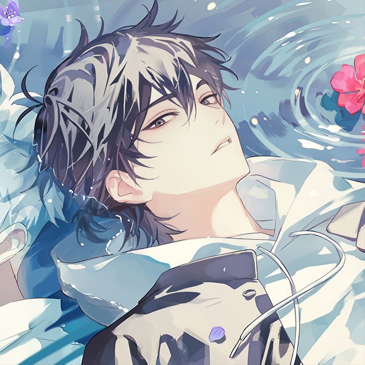 an anime character in the water with flowers around his neck and hair blowing in the wind