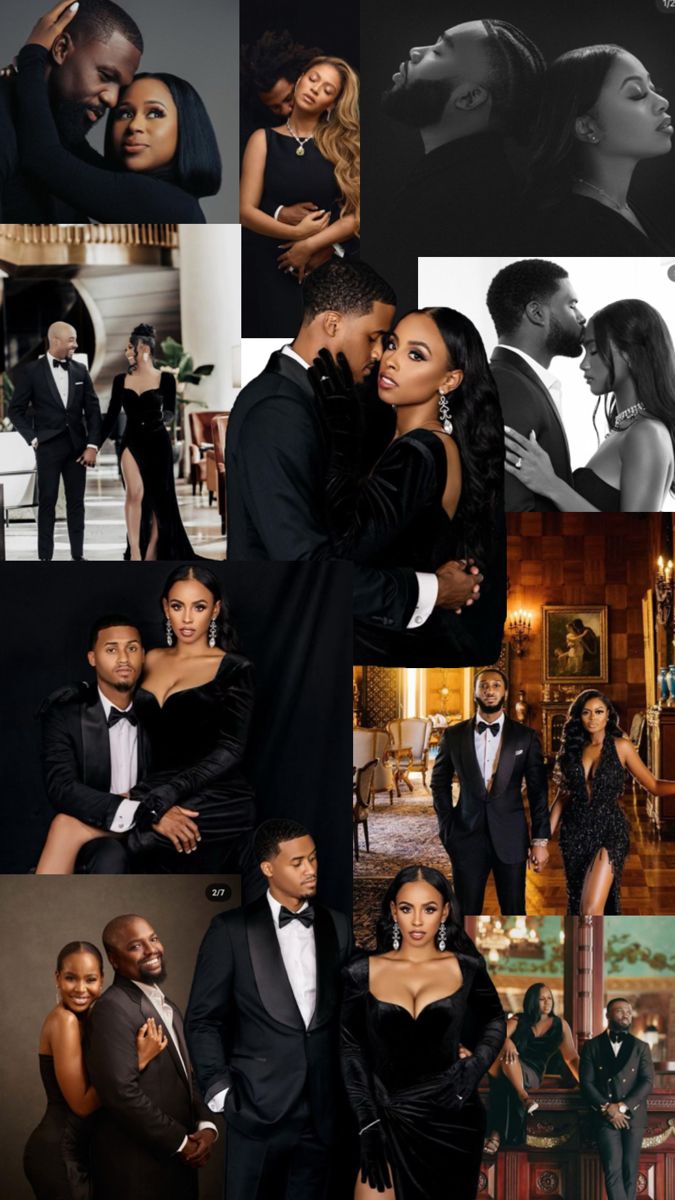 a collage of black couples in formal wear