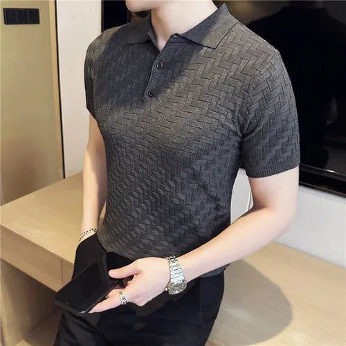 Bellagio Polo Shirt - Elavure Designer Short Sleeve Formal Tops, Luxury Slim Fit Semi-formal Top, Luxury Slim Fit Top For Semi-formal Occasions, Elegant Slim Fit Short Sleeve Shirt, Classic Gray Formal Tops, Fitted Gray Business Top, Designer Slim Fit Semi-formal Tops, Fitted Gray Top For Business, Designer Slim Fit Top For Semi-formal Occasions