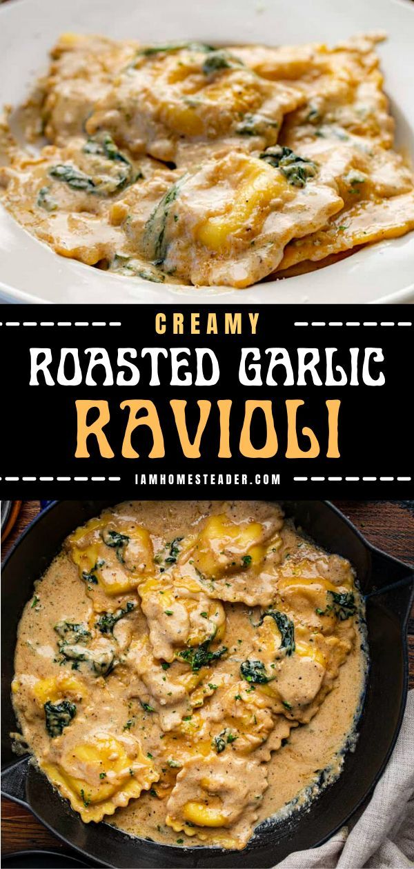 creamy roasted garlic ravioli in a skillet with cheese and spinach