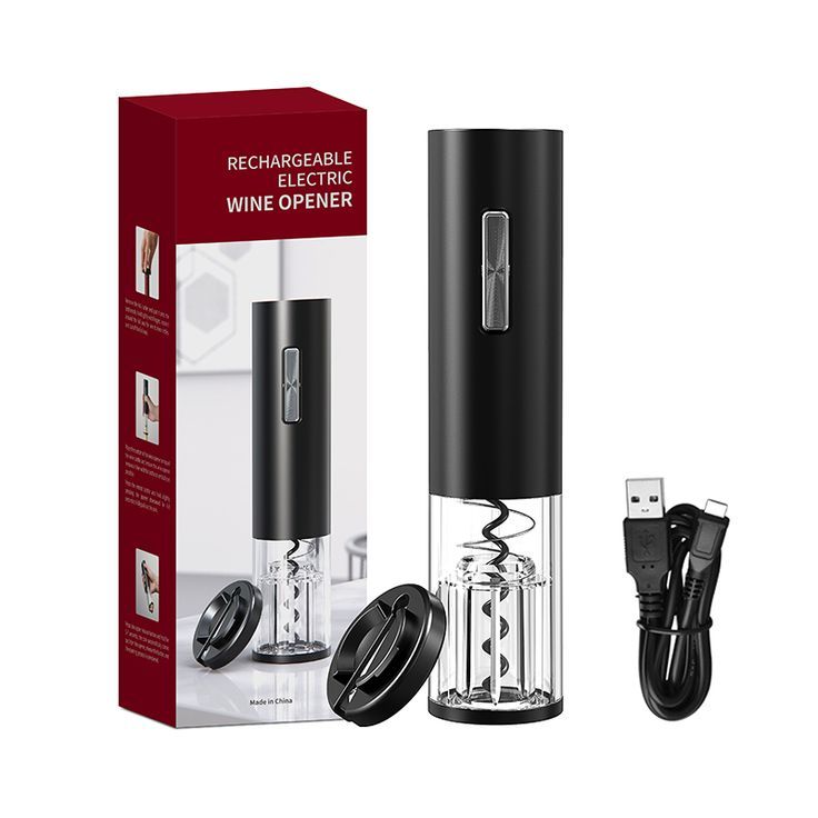 an electric wine opener is in the box and it's plugged into its charger