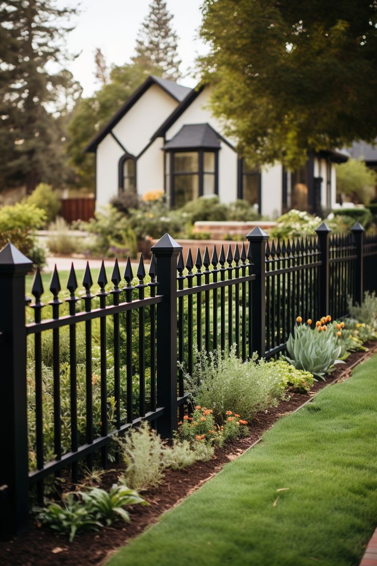 a black iron fence in front of a house with green grass and flowers on the side