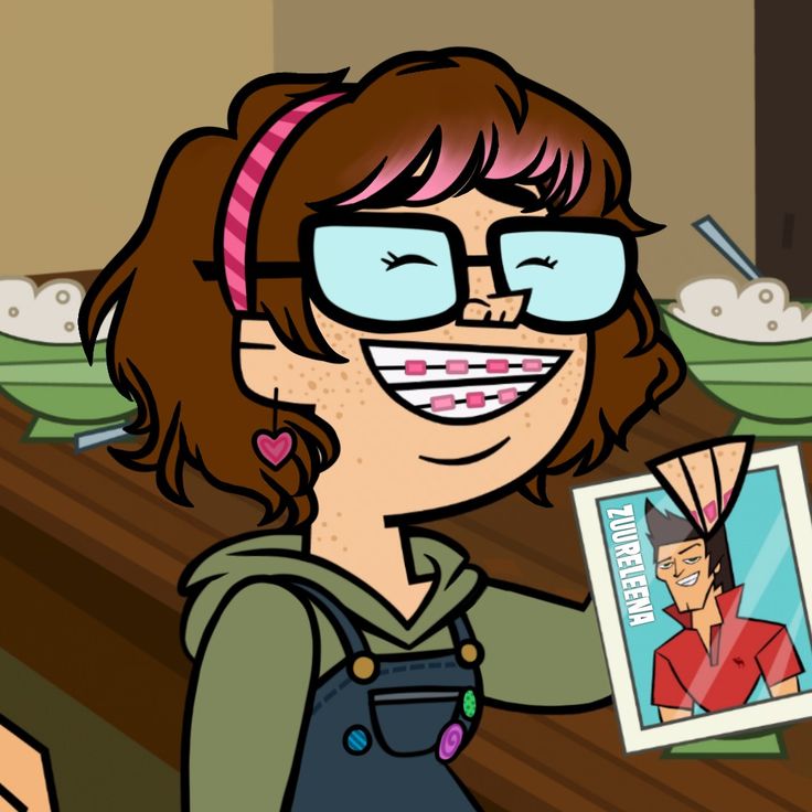 a cartoon girl with glasses holding up a magazine in front of her face and smiling at the camera