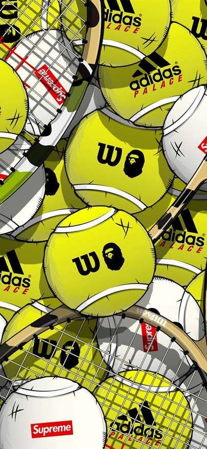 many tennis balls and rackets are stacked up on top of each other in this illustration