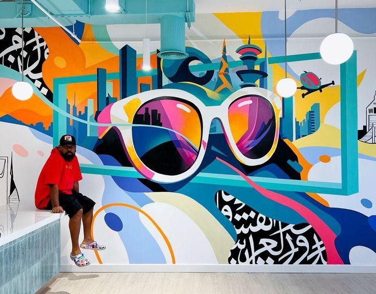 a man is sitting on a ledge in front of a colorful wall with sunglasses painted on it