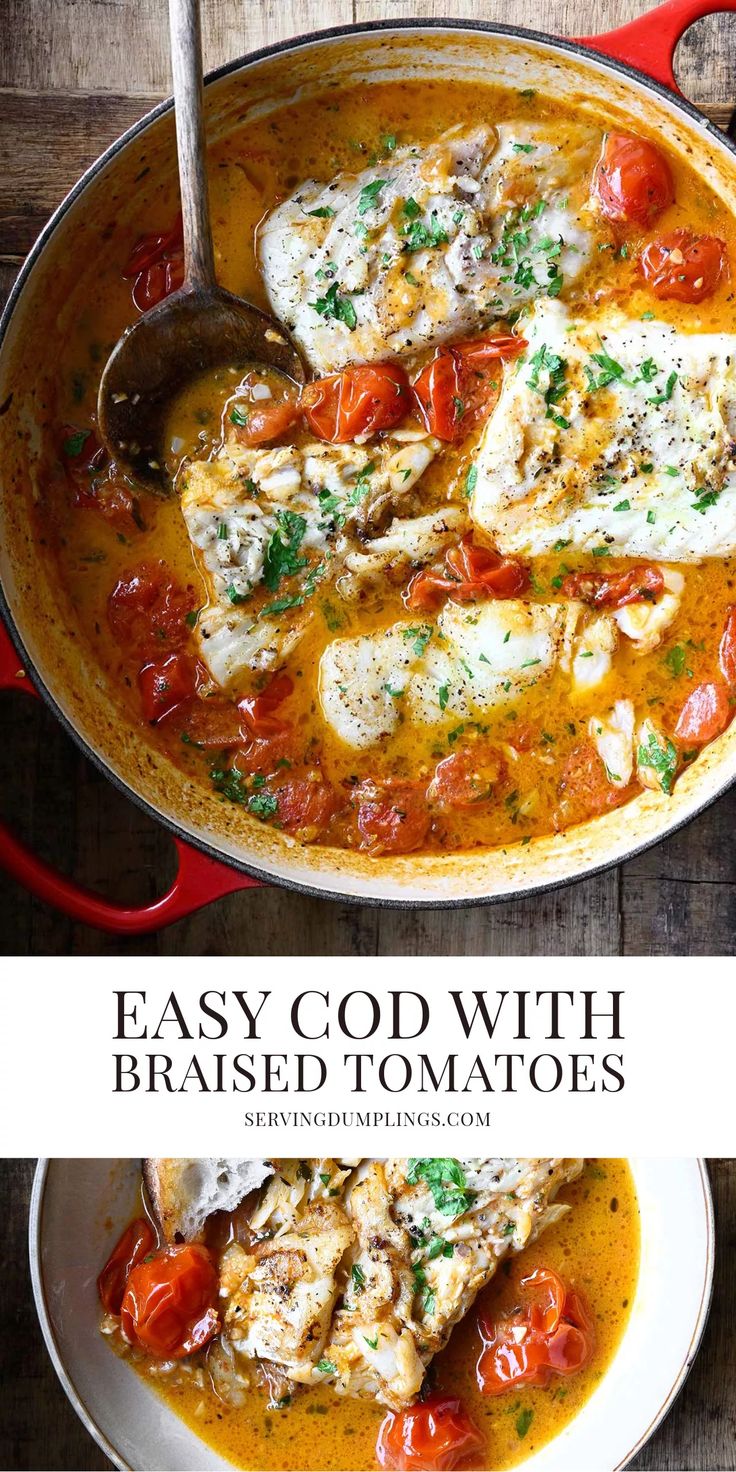 an image of some food in a pan with the words easy god with braised tomatoes