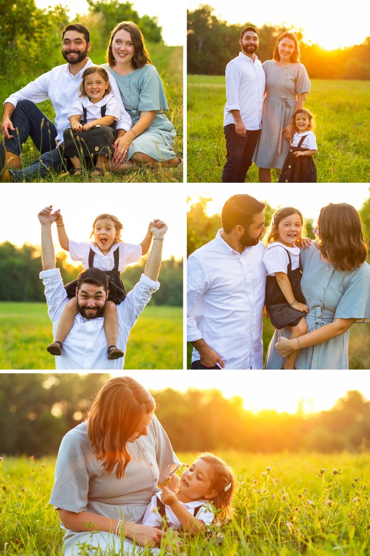 a collage of family photos taken in the park at sunset with their child and mom