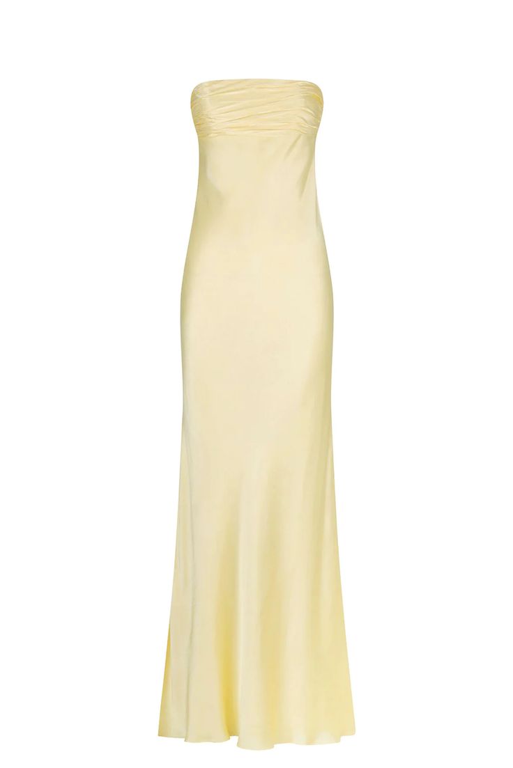 La Lune Strapless Ruched Bodice Maxi Dress | Lemon | Dresses | Shona Joy – Shona Joy International Yellow Fitted Slip Dress For Evening, Fitted Yellow Slip Dress For Evening, Chic Slip Dress With Ruched Bodice For Gala, Chic Gala Slip Dress With Ruched Bodice, Yellow Silk Floor-length Evening Dress, Evening Maxi Dress With Ruched Straight Neckline, Evening Maxi Dress With Straight Neckline And Ruched Details, Elegant Ruched Yellow Maxi Dress, Elegant Yellow Ruched Maxi Dress