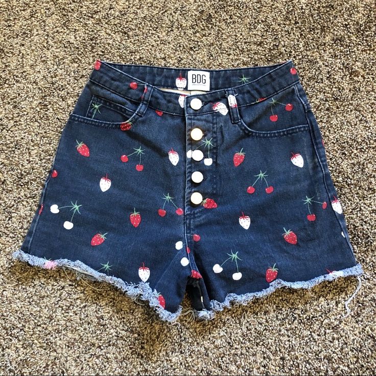 Super Cute Never Worn. No Flaws. Cute Cotton Cutoff Shorts, Retro High Rise Summer Shorts, Spring Cotton Bottoms With Strawberry Print, Retro Blue Jean Shorts For Summer, Fun Red Summer Bottoms, Cute Short Red Bottoms, Cute Short-length Red Bottoms, Fun Denim Bottoms For Summer, Red High-waisted Denim Jean Shorts