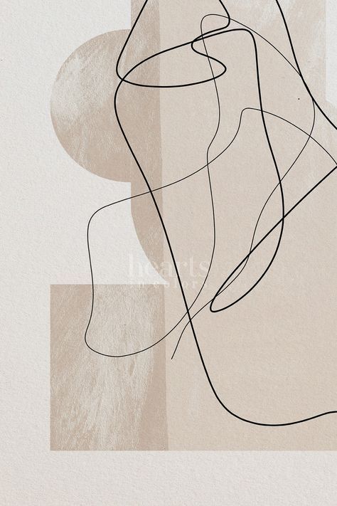 an abstract painting with lines and shapes in beige, black and white colors on a light colored background