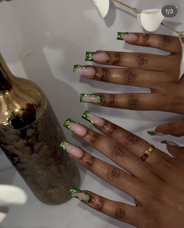 Green And Gold Nail Inspo Acrylic, Green Sets Nails, Short Acrylic Nails Emerald Green, Unique Green Nails, Gold And Green Prom Nails, Chrome Green French Tip Nails, Green Classy Nails, Hunter Green Acrylic Nails, Green Nail Designs Acrylic