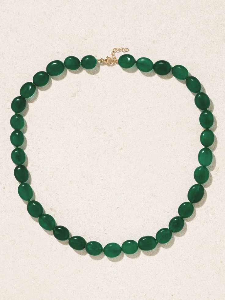 The stones used in JIA JIA's jewelry are carefully hand-selected, making each piece truly one-of-a-kind. This necklace is made from gold and strung with vibrant emerald quartz. Adjust the chain between 16- and 17-inches, depending on your neckline and other styles you may layer it with. Luxury Oval Jade Necklaces, Formal Fine Jewelry Jade Necklace, Classic Jade Gemstone Beads Jewelry, Green Gemstone Beads Jewelry For Formal Occasions, Formal Green Jewelry With Gemstone Beads, Luxury Round Jade Necklace, Luxury Round Gemstone Bead Necklaces, Formal Jade Jewelry With Round Beads, Oval Jade Gemstone Beads Jewelry