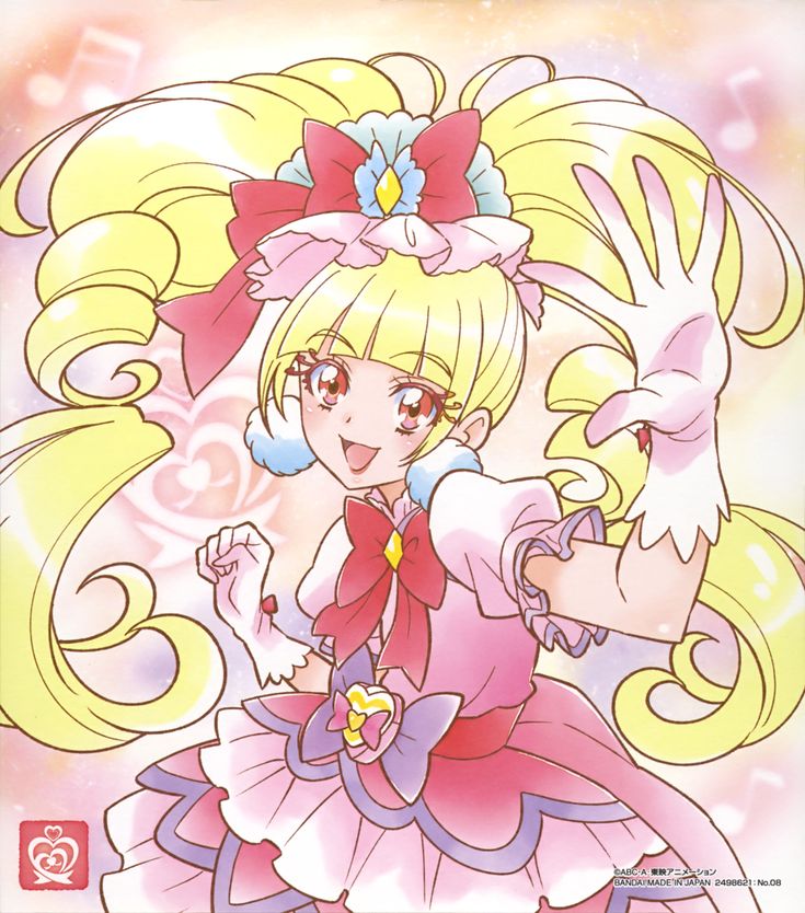 an anime character with blonde hair wearing a pink dress and red bow, holding her hand out