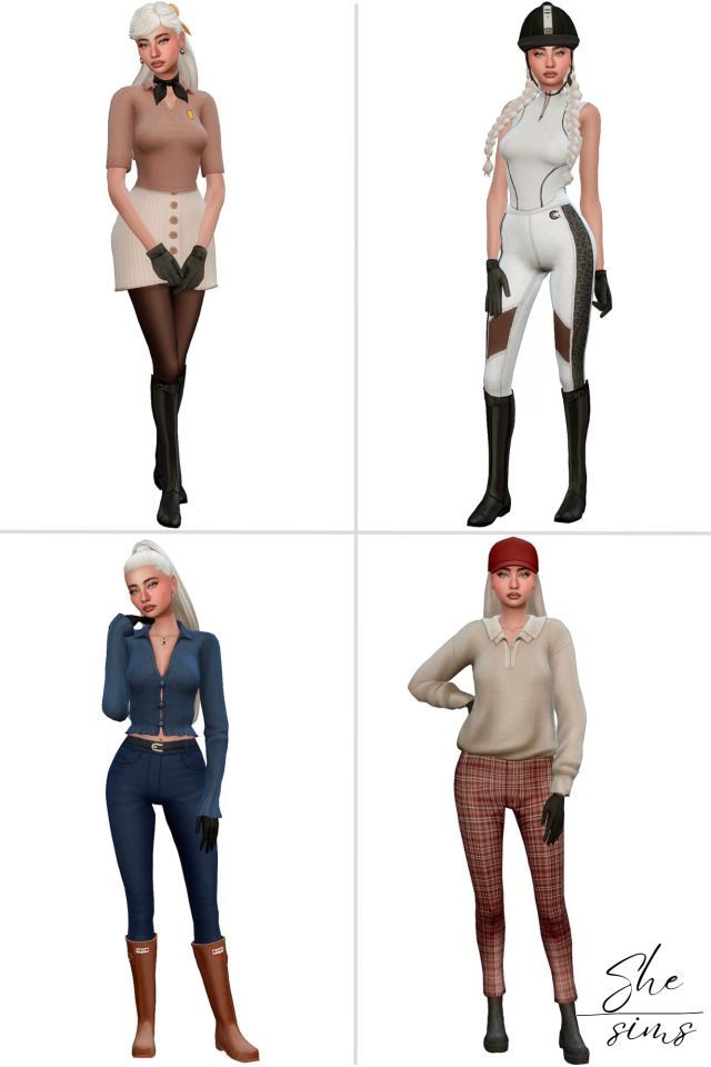 four different poses of women in tight pants and sweaters, with one woman's head