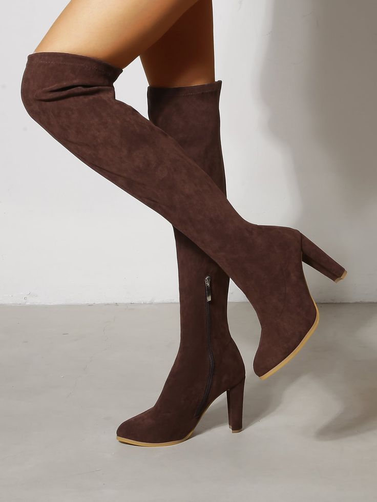 Coffee Brown Elegant    Plain     Women Shoes Ugg Boots Outfit Fall, Earthy Clothes, Fashion Boots Outfits, Long Brown Boots, Women Boots Outfit, Ugg Boots Outfit, Chunky Heeled Boots, Halloween 23, Brown High Heels