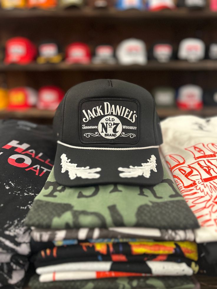 Classic Jack Daniels graphic trucker hat Adjustable snap back One size fits most Curved, moldable bill Jack Daniels, Snap Back, Snap Backs, Guinea Bissau, Papua New Guinea, Band Tees, Laos, Caribbean Netherlands, Cambodia