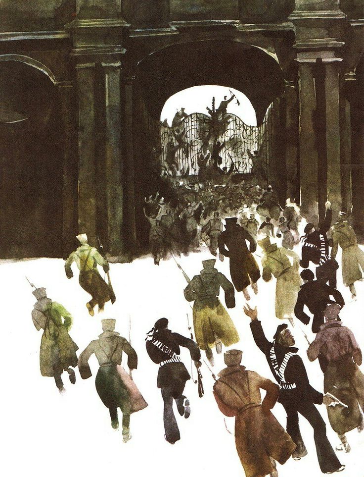 a painting of people walking through the snow in front of an arch with statues on it