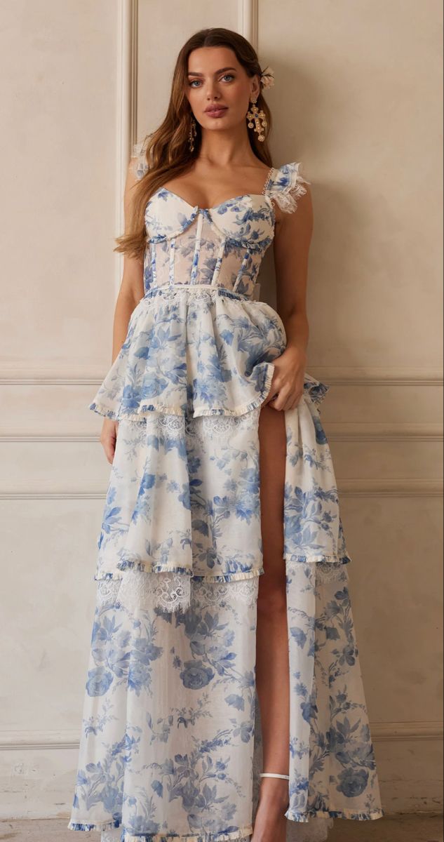 gorgeous blue and white floral formal dress Pastel Floral Formal Dress, White Dress With Floral Print, White Prom Dress With Blue Flowers, Formal Floral Dress Long, Blue And White Long Dress, Blue And White Flower Dress, Blue And White Formal Dress, Blue And White Dress Formal, White And Blue Prom Dress