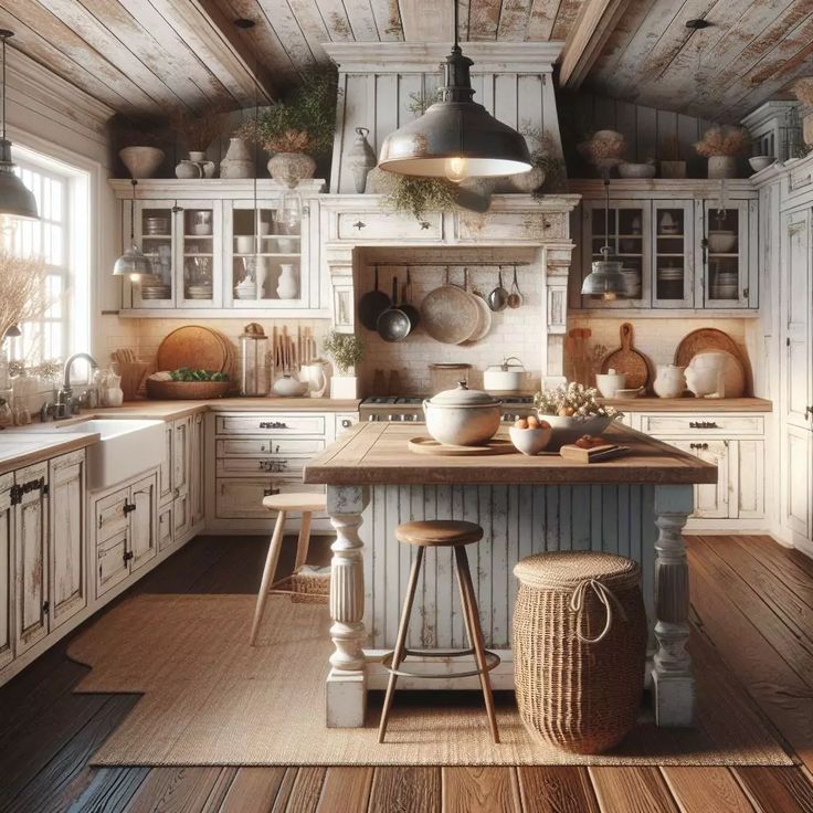 an old fashioned kitchen with wooden floors and white cabinets, wood flooring, and hanging lights above the island