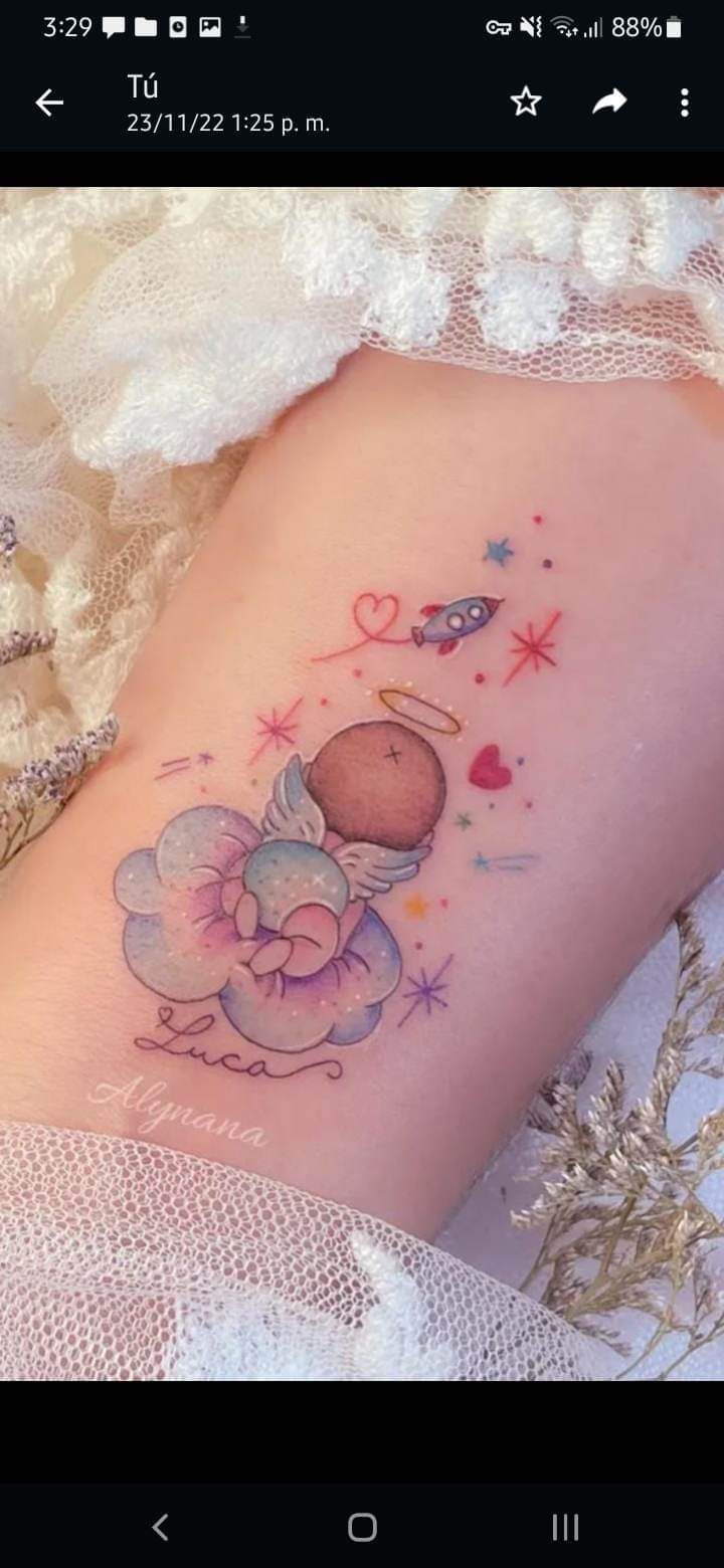 a small tattoo on the side of a woman's leg, with an image of a teddy bear