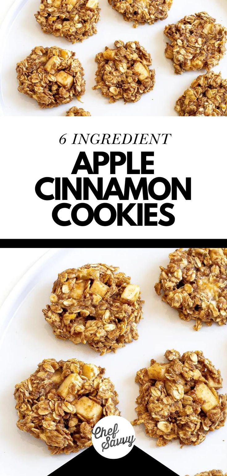 an image of homemade apple cinnamon cookies on a white plate with text overlay that reads 6 ingredient apple cinnamon cookies