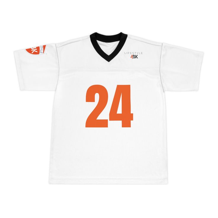 LifeStyle4BK Custom Unisex Mens Women's Football Jersey White / Orange / Blue / Black These custom football shirts are an absolute treat for sports fans. Made with a 100% polyester top and a 100% polyester mesh bottom, these jerseys are breathable and wick moisture away when things get heated.   .: Top material: 100% polyester (6.78 oz/yd² (230 g/m .: Bottom material: 100% polyester mesh (4.87 oz/yd² (165 g/m .: Moisture-wicking fabric .: Black, ribbed collar  .: Sewn in size and care label .: Seam thread color automatically matched to design White Sports Jersey For Football Season, White Football Season Jersey With Letter Print, White Jersey T-shirt For Football Season, White Jersey For Game Day, Fan Apparel, Long Sleeve Football Jersey, Womens Football Jersey, Custom Football Shirts, Custom Football, Polyester Top